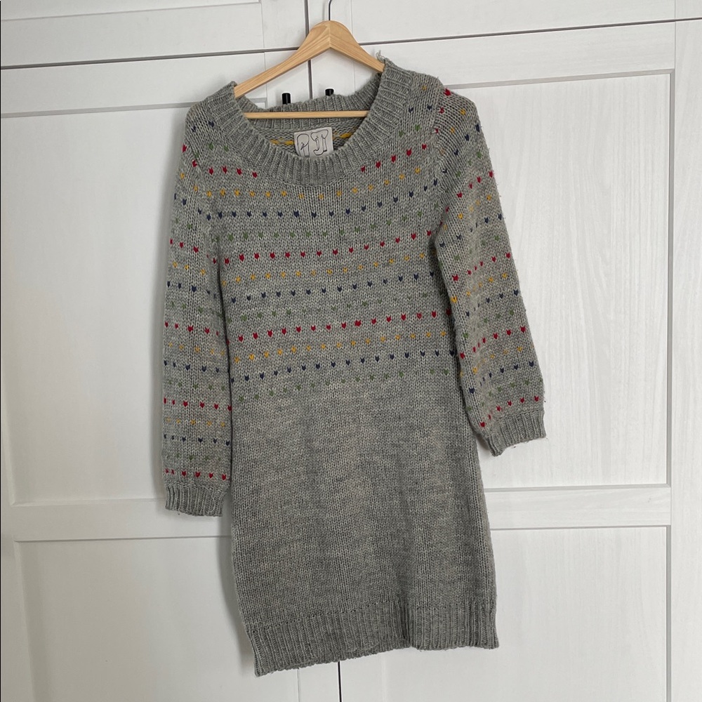 Cozy Gray Knit Sweater Dress with Colorful Accents
